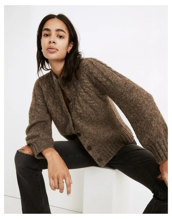 Harwood Cableknit Mockneck Cardigan Sweater Heather Otter Women Madewell Sweaters