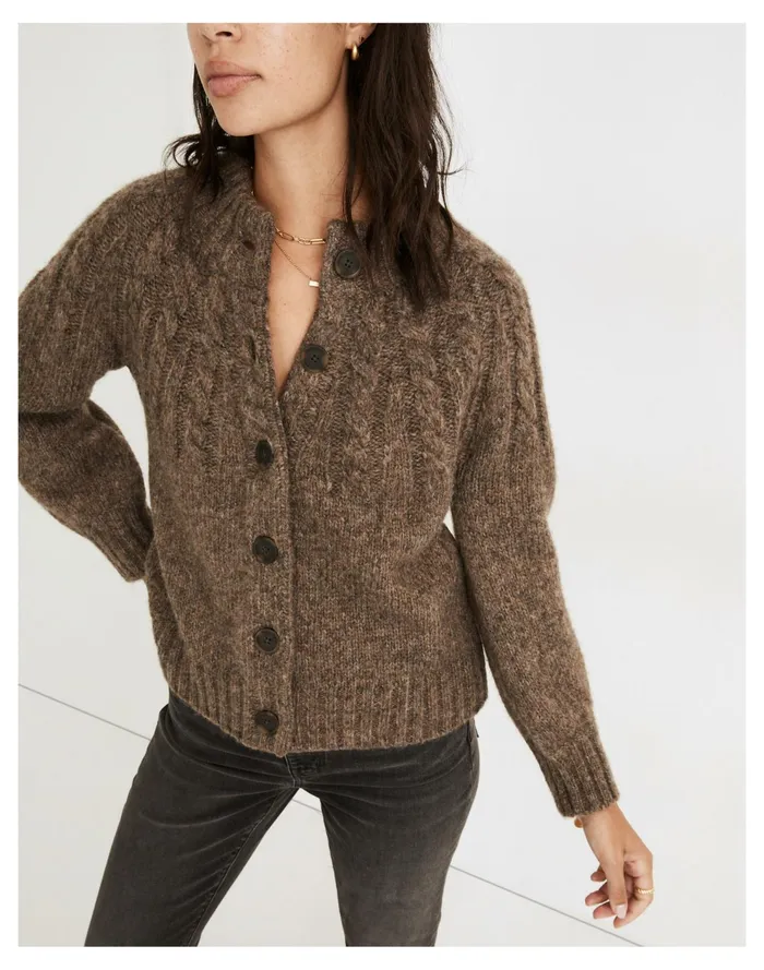 Harwood Cableknit Mockneck Cardigan Sweater Heather Otter Women Madewell Sweaters