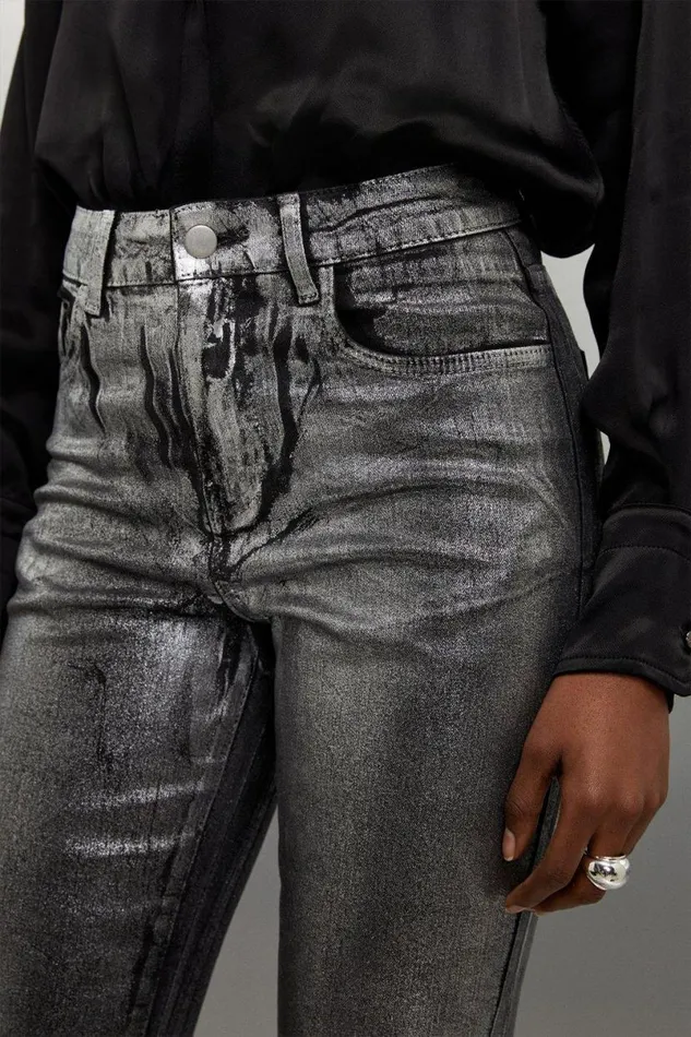 High Rise Slim Leg Silver Foiled Jeans Black Women Karen Millen Jeans