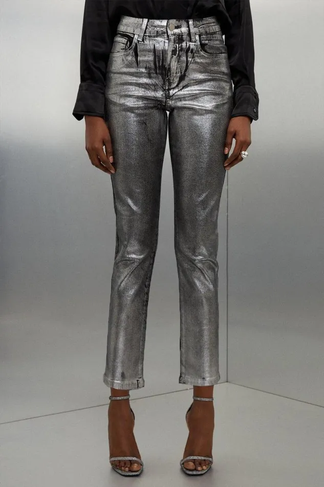 High Rise Slim Leg Silver Foiled Jeans Black Women Karen Millen Jeans