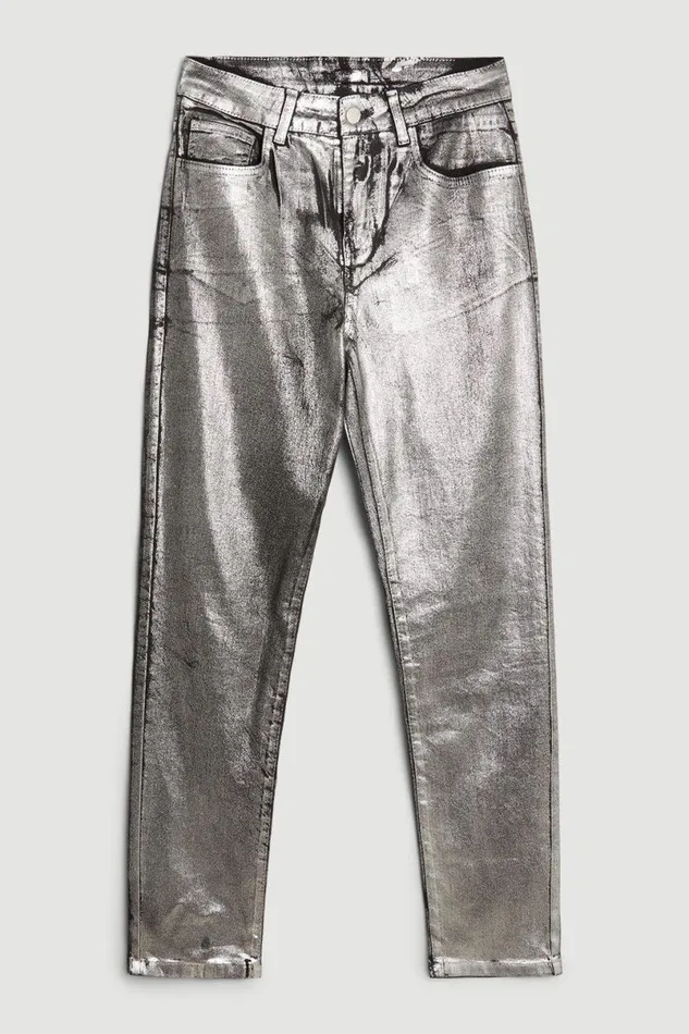 High Rise Slim Leg Silver Foiled Jeans Black Women Karen Millen Jeans