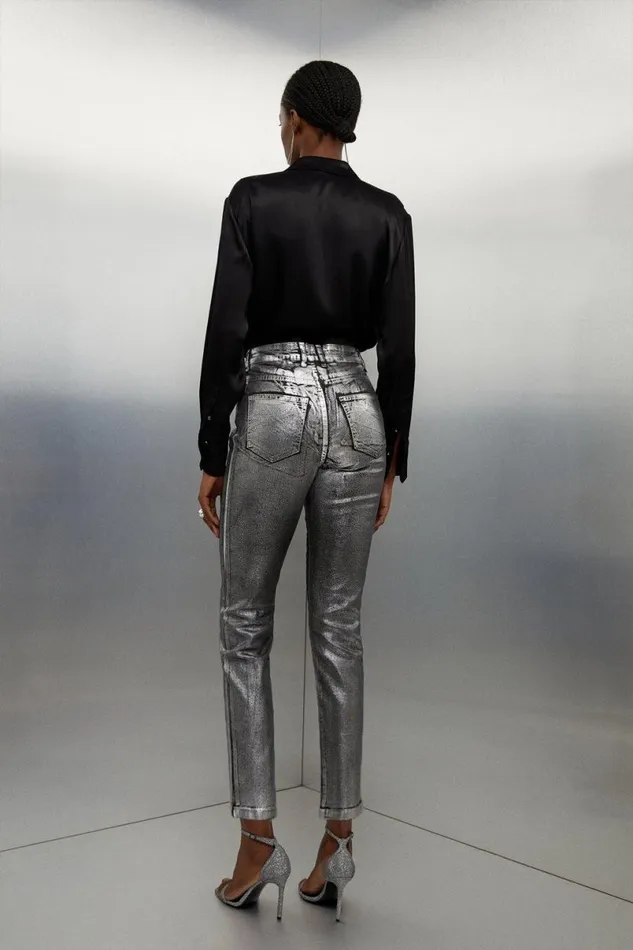 High Rise Slim Leg Silver Foiled Jeans Black Women Karen Millen Jeans