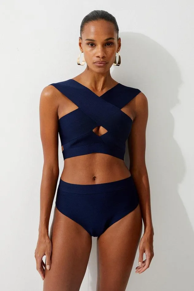 High Waisted Bandage Bikini Bottoms Navy Women Karen Millen Swimwear