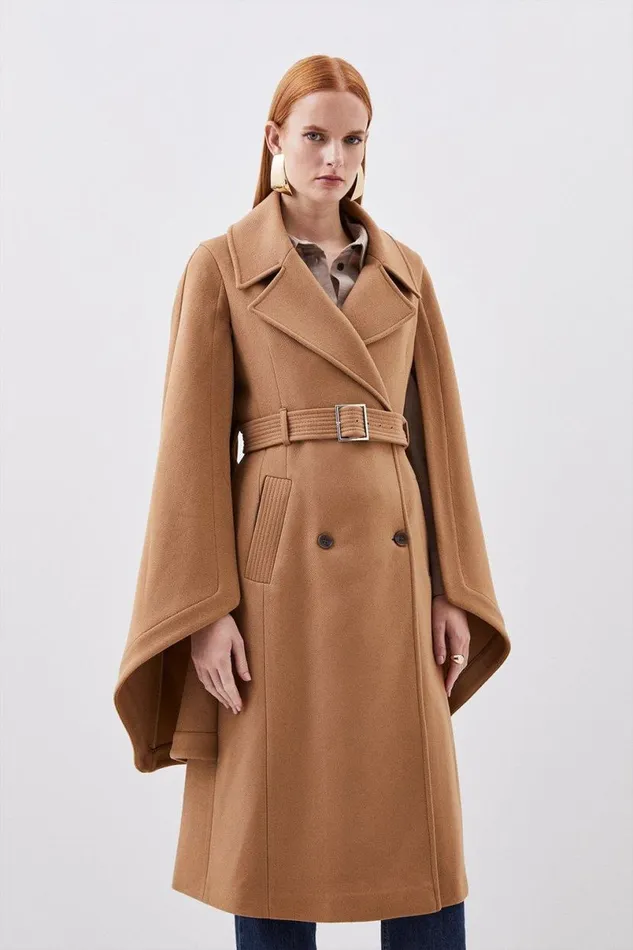 Italian Manteco Wool Blend Cape Sleeve Belted Coat Camel Women Karen Millen Coats and Jackets