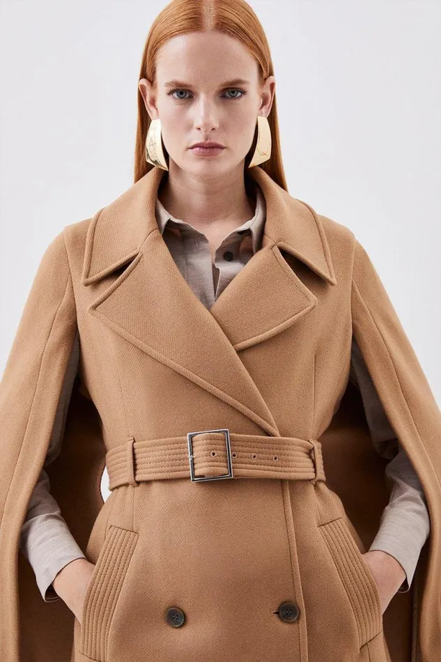 Italian Manteco Wool Blend Cape Sleeve Belted Coat Camel Women Karen Millen Coats and Jackets