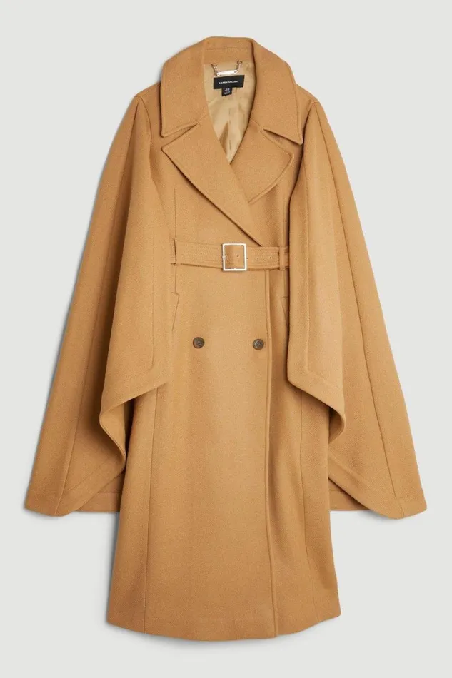 Italian Manteco Wool Blend Cape Sleeve Belted Coat Camel Women Karen Millen Coats and Jackets