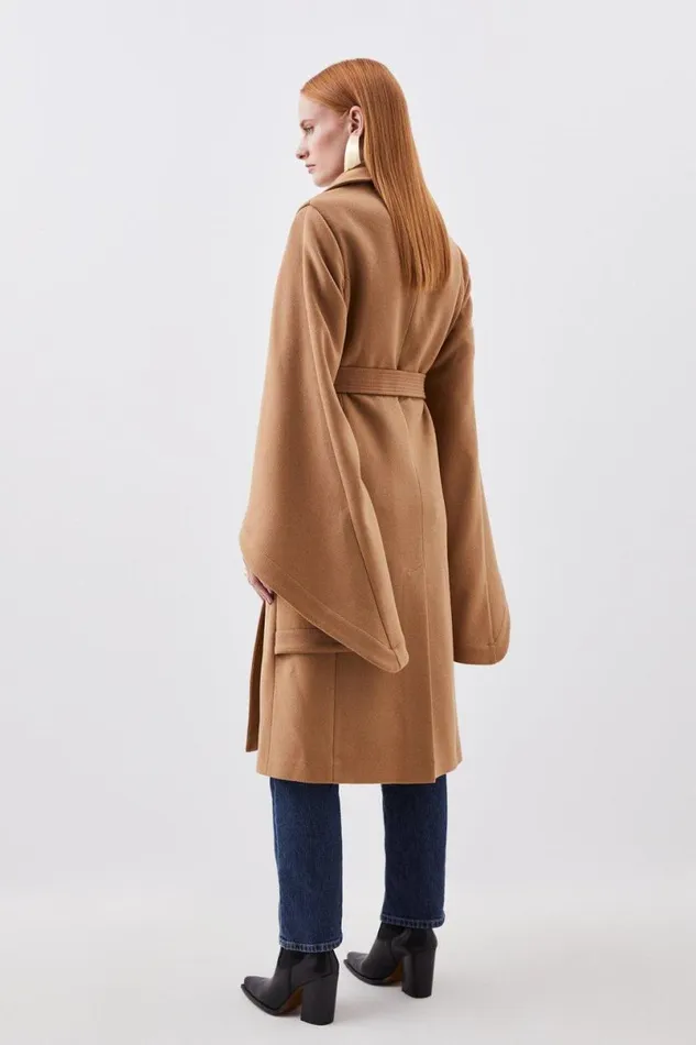 Italian Manteco Wool Blend Cape Sleeve Belted Coat Camel Women Karen Millen Coats and Jackets