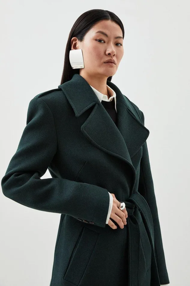 Italian Manteco Wool Blend Strong Shoulder Coat Forest Women Karen Millen Coats and Jackets