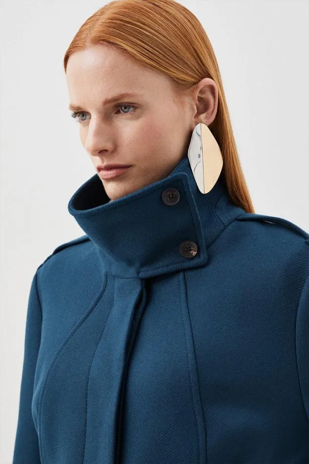 Italian Manteco Wool Blend Tailored Epaulette Detail Belted Coat Teal Women Karen Millen Coats and Jackets