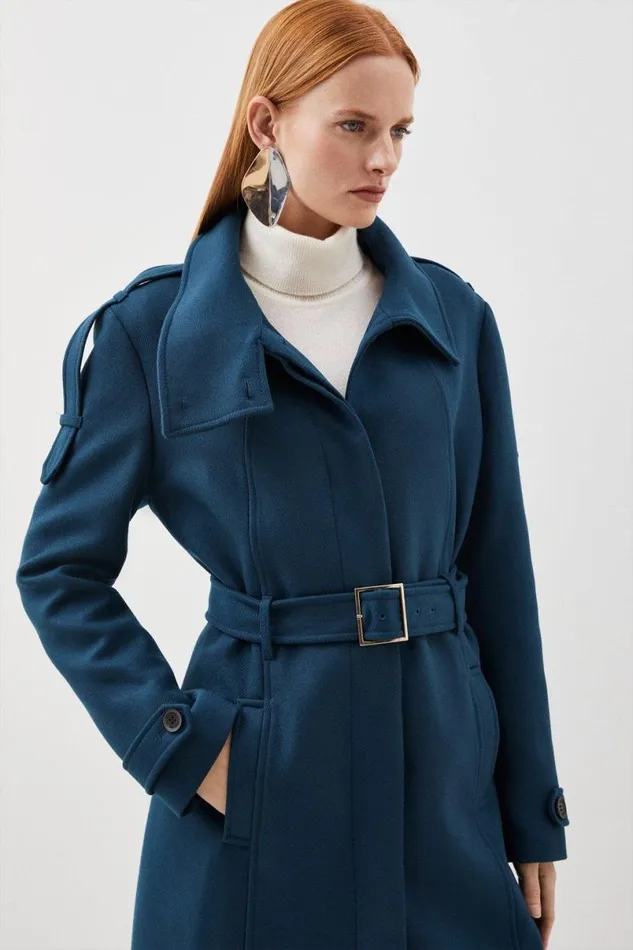 Italian Manteco Wool Blend Tailored Epaulette Detail Belted Coat Teal Women Karen Millen Coats and Jackets