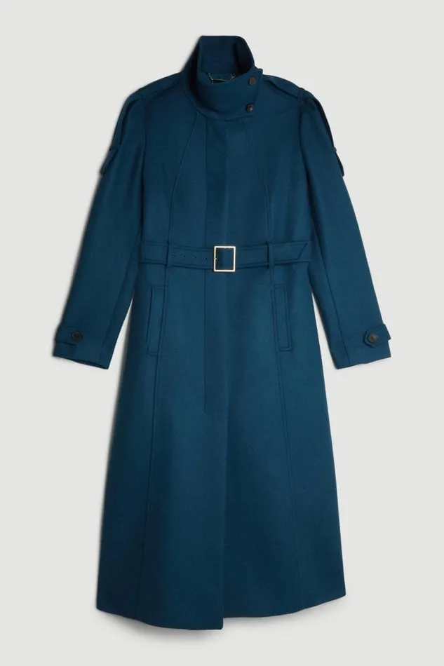 Italian Manteco Wool Blend Tailored Epaulette Detail Belted Coat Teal Women Karen Millen Coats and Jackets