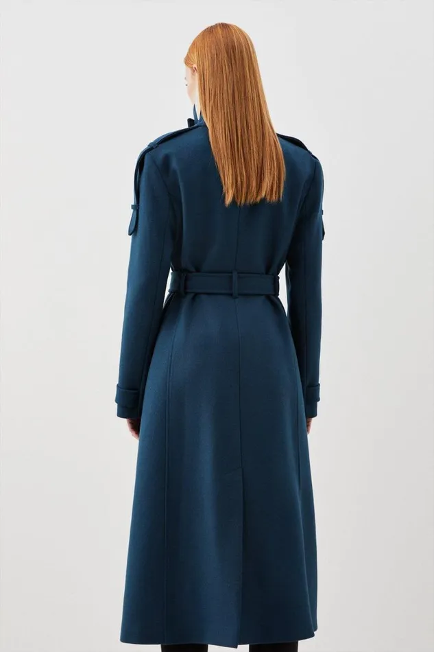 Italian Manteco Wool Blend Tailored Epaulette Detail Belted Coat Teal Women Karen Millen Coats and Jackets