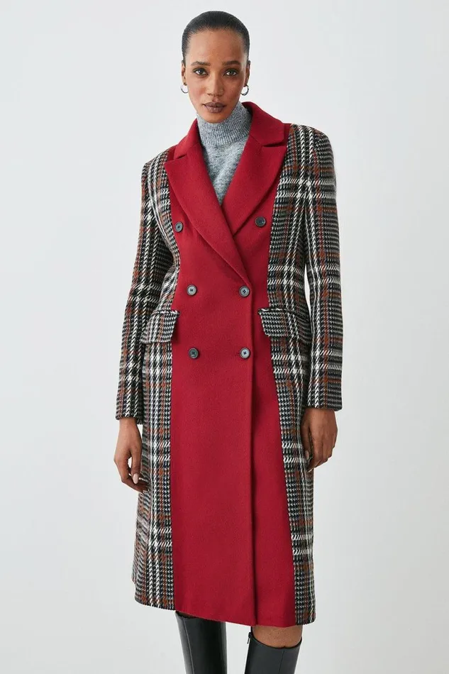 Italian Manteco Wool Colourblock Tweed Coat Red Women Karen Millen Coats and Jackets