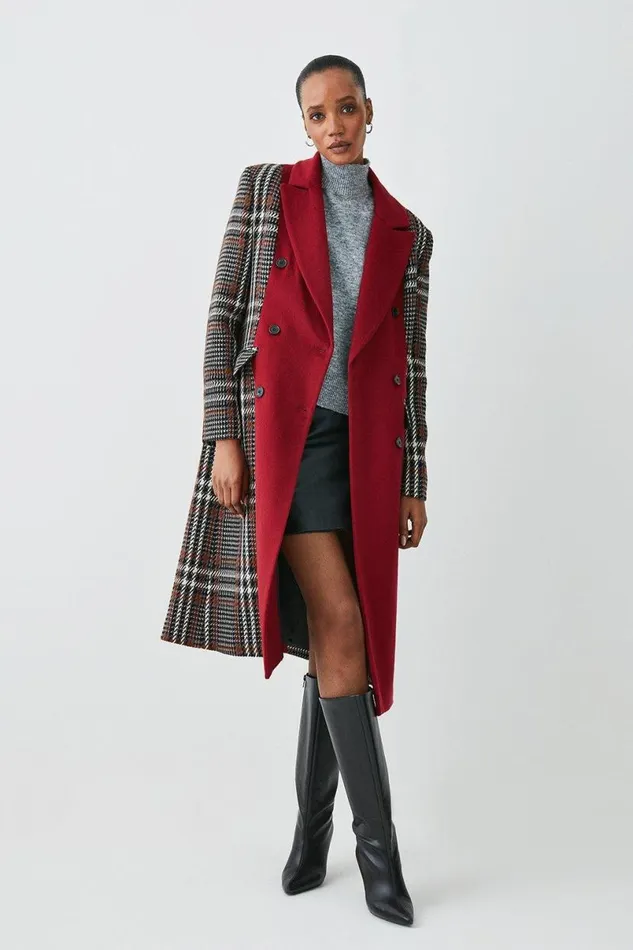 Italian Manteco Wool Colourblock Tweed Coat Red Women Karen Millen Coats and Jackets