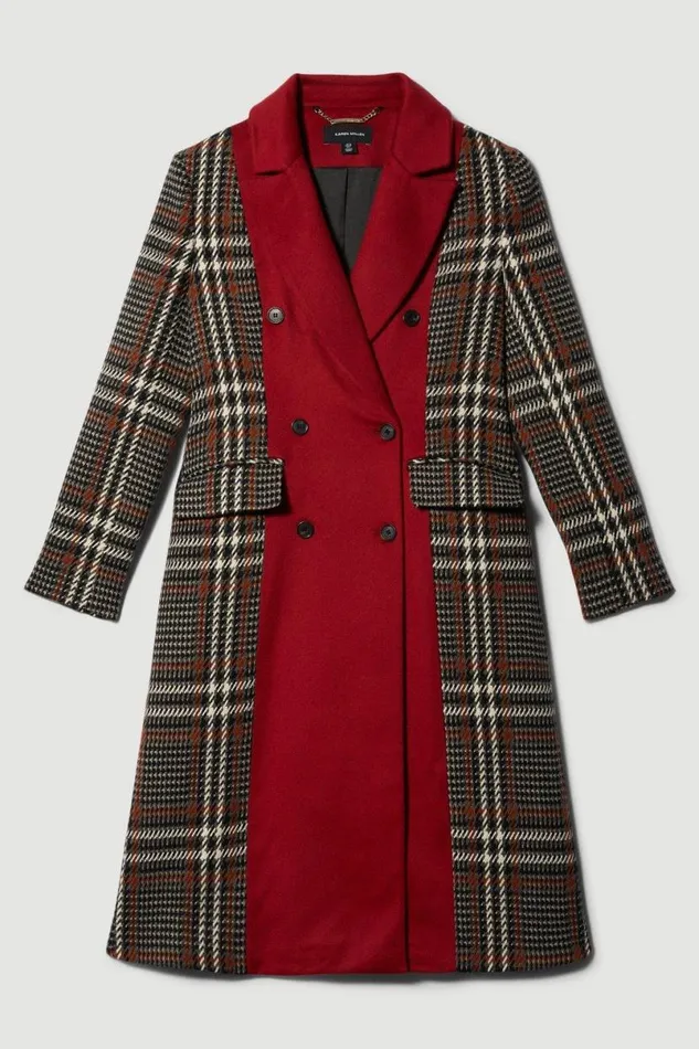 Italian Manteco Wool Colourblock Tweed Coat Red Women Karen Millen Coats and Jackets