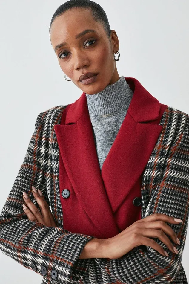 Italian Manteco Wool Colourblock Tweed Coat Red Women Karen Millen Coats and Jackets