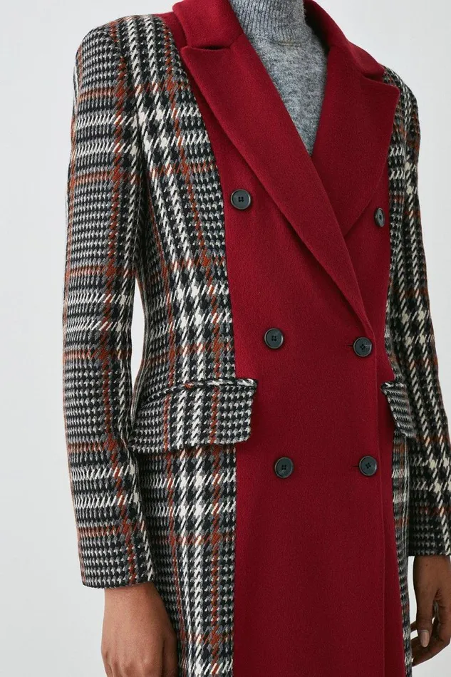 Italian Manteco Wool Colourblock Tweed Coat Red Women Karen Millen Coats and Jackets