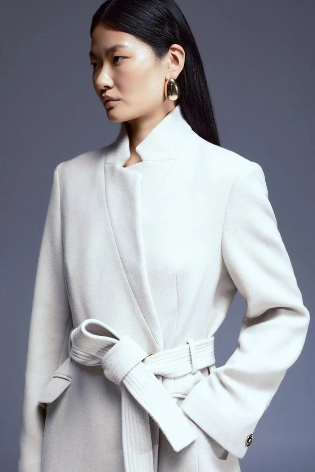 Italian Manteco Wool Forever Notch Neck Midi Coat Oatmeal Women Karen Millen Coats and Jackets