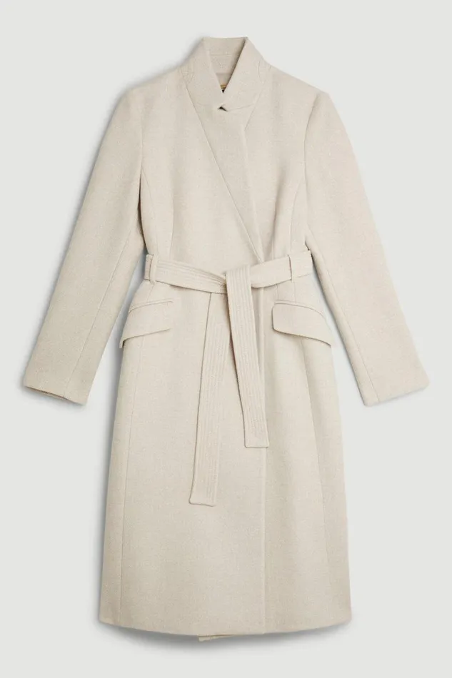 Italian Manteco Wool Forever Notch Neck Midi Coat Oatmeal Women Karen Millen Coats and Jackets