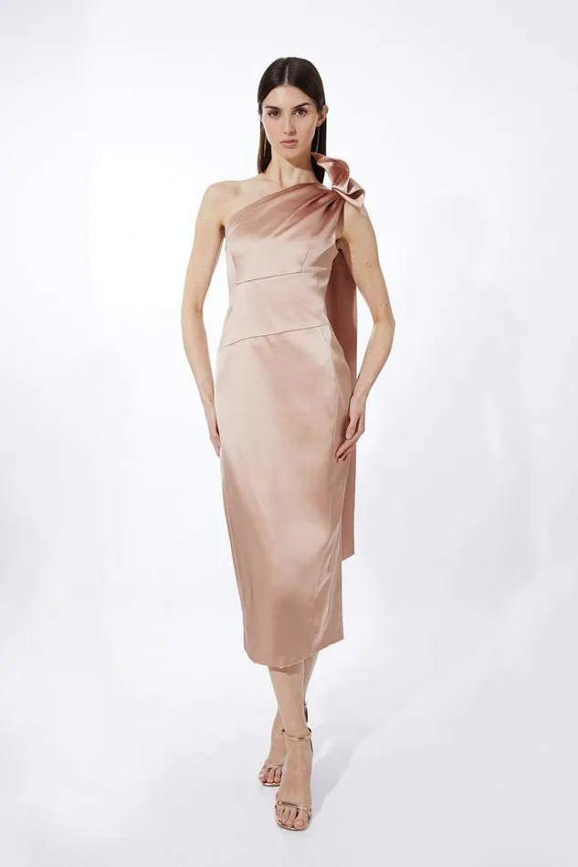 Italian Satin Drape Shoulder Tailored Midi Dress Champagne Women Karen Millen Dresses