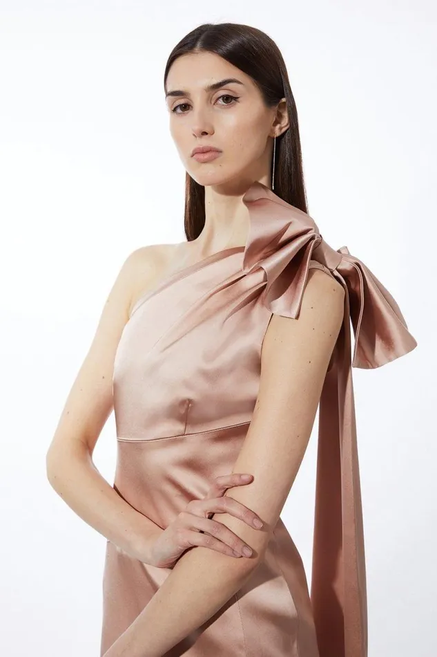 Italian Satin Drape Shoulder Tailored Midi Dress Champagne Women Karen Millen Dresses