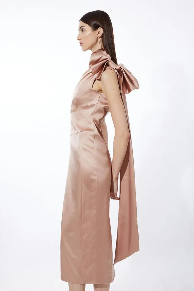 Italian Satin Drape Shoulder Tailored Midi Dress Champagne Women Karen Millen Dresses