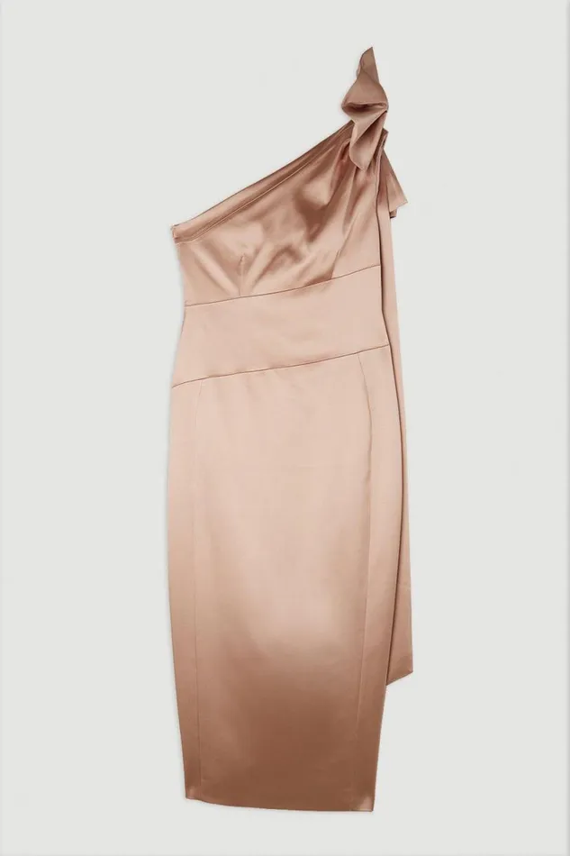 Italian Satin Drape Shoulder Tailored Midi Dress Champagne Women Karen Millen Dresses