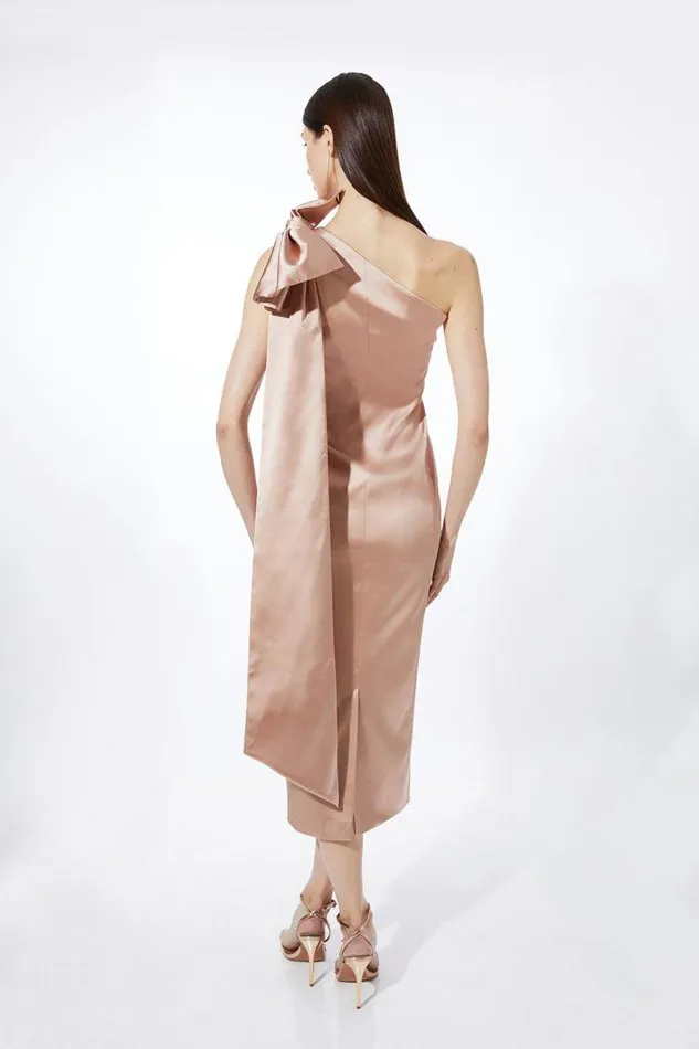 Italian Satin Drape Shoulder Tailored Midi Dress Champagne Women Karen Millen Dresses