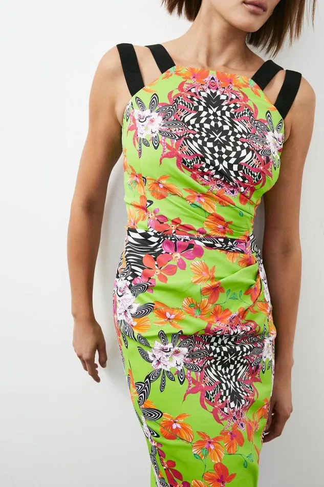 Italian Stretch Optical Floral Midi Dress Green Women Karen Millen Dresses