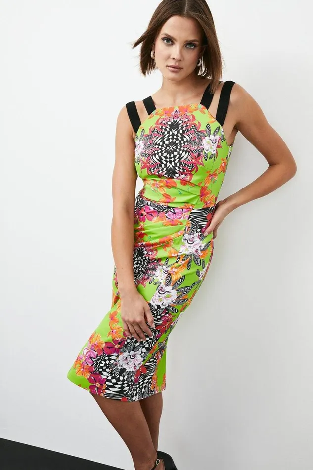 Italian Stretch Optical Floral Midi Dress Green Women Karen Millen Dresses