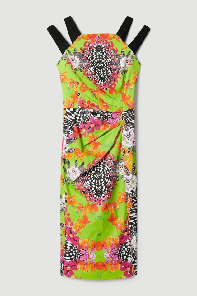 Italian Stretch Optical Floral Midi Dress Green Women Karen Millen Dresses