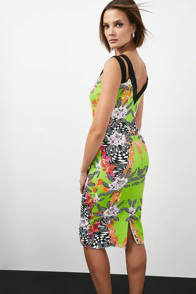 Italian Stretch Optical Floral Midi Dress Green Women Karen Millen Dresses