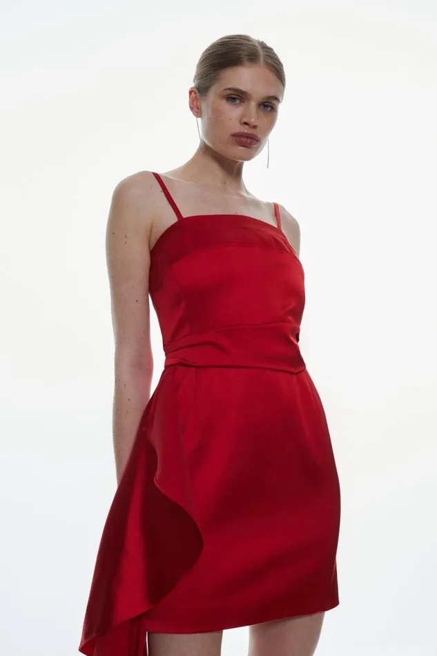 Italian Structured Satin Ruffle Drape Bandeau Mini Dress Red Women Karen Millen Dresses
