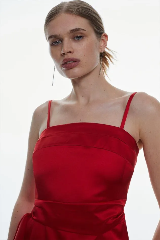 Italian Structured Satin Ruffle Drape Bandeau Mini Dress Red Women Karen Millen Dresses