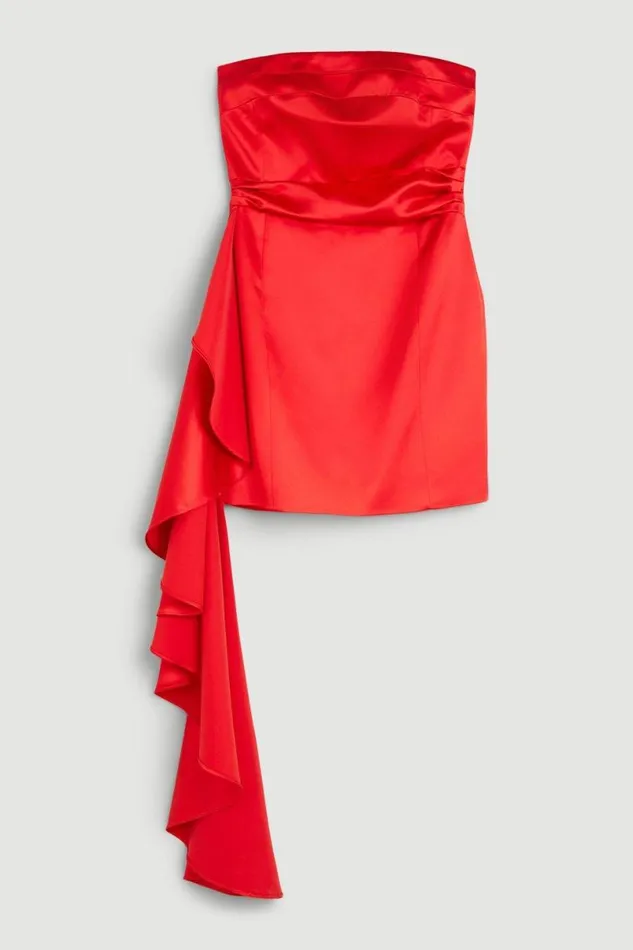 Italian Structured Satin Ruffle Drape Bandeau Mini Dress Red Women Karen Millen Dresses