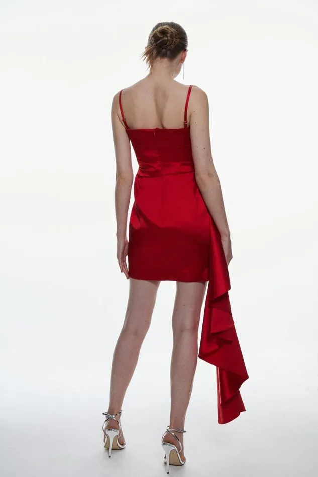 Italian Structured Satin Ruffle Drape Bandeau Mini Dress Red Women Karen Millen Dresses