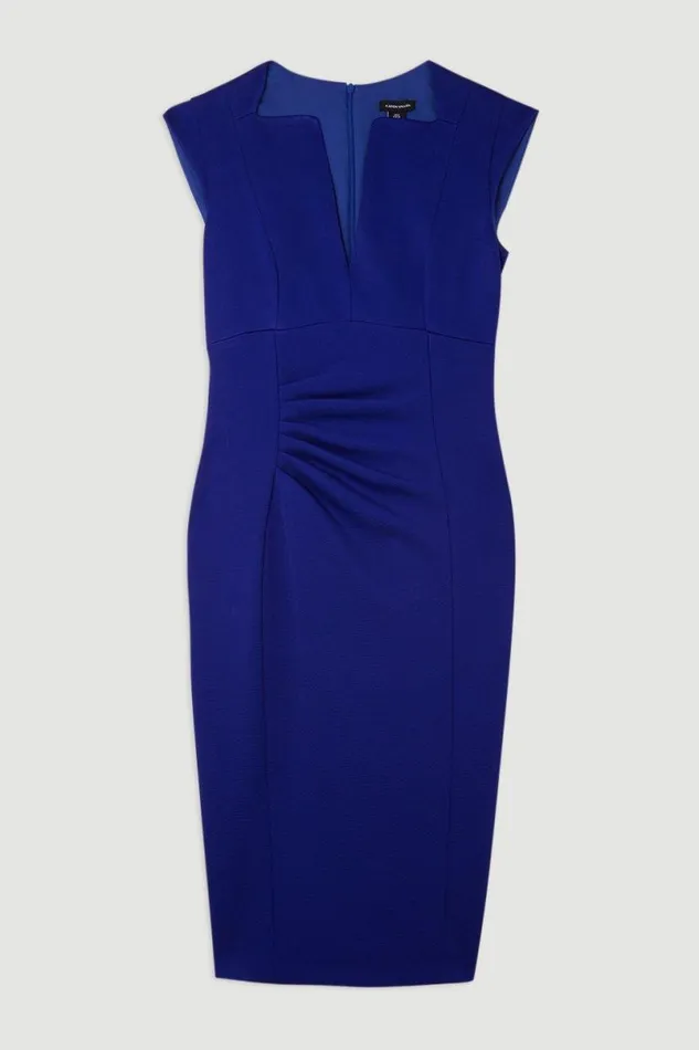 Italian Structured Stretch Tailored Envelope Neck Pencil Midi Dress Purple Women Karen Millen Dresses