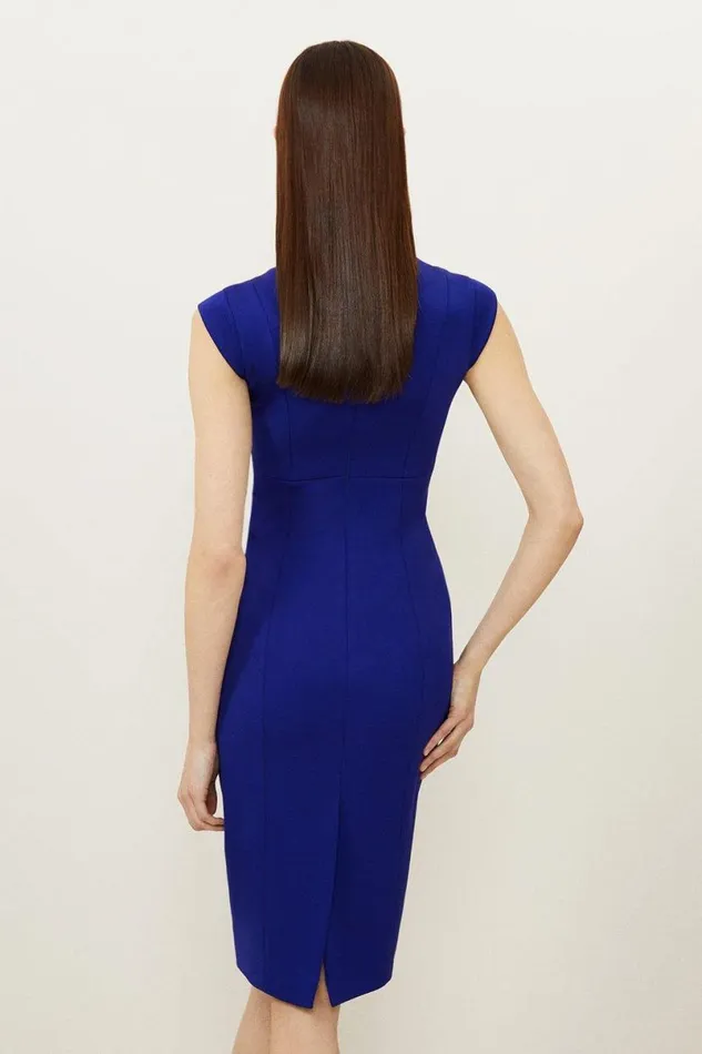 Italian Structured Stretch Tailored Envelope Neck Pencil Midi Dress Purple Women Karen Millen Dresses