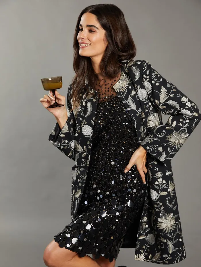 JMcLaughlin Jackets and Outerwear Women Judy Coat In Garden Embroidery RSVP X Steven Stolman Black