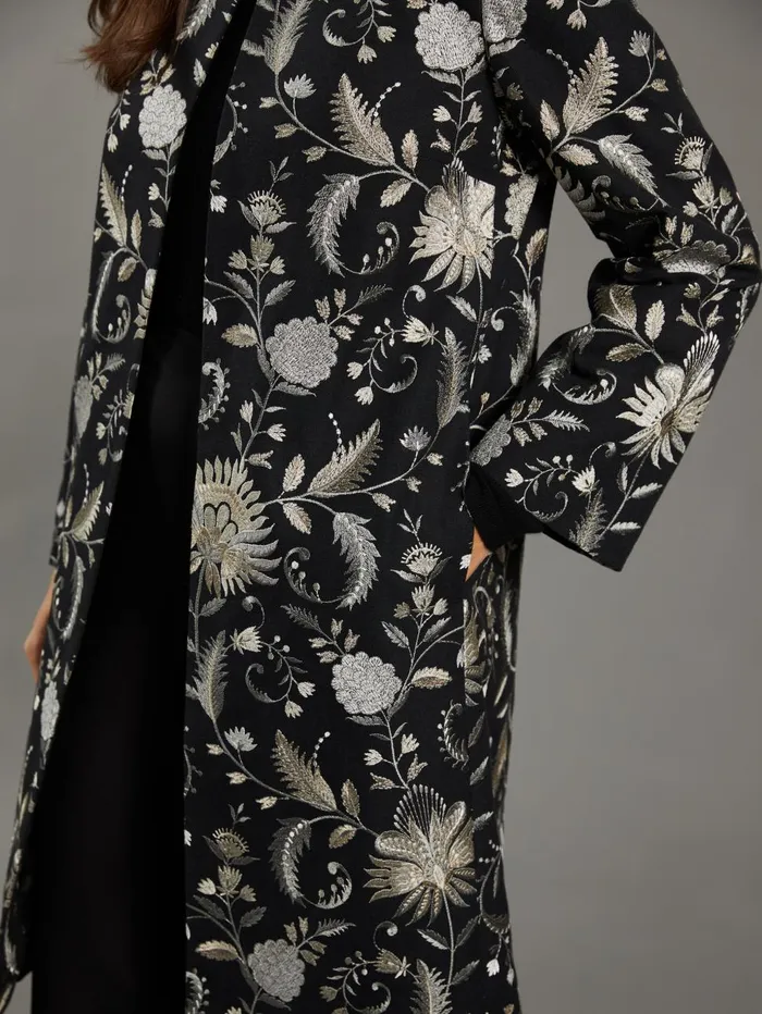 JMcLaughlin Jackets and Outerwear Women Judy Coat In Garden Embroidery RSVP X Steven Stolman Black