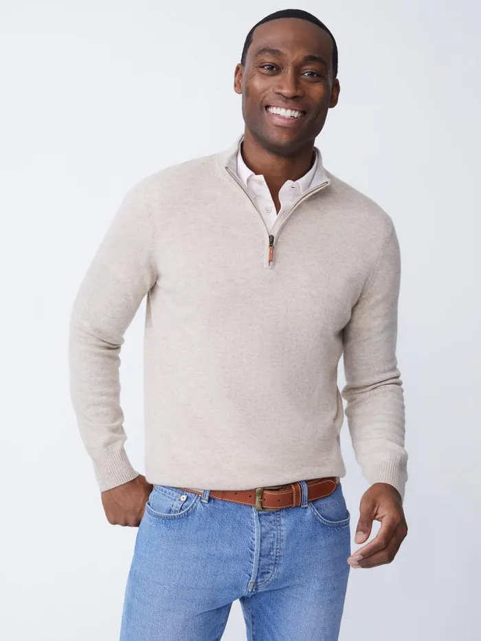 JMcLaughlin Sweaters Men Henry Cashmere 14 Zip Heather Oatmeal
