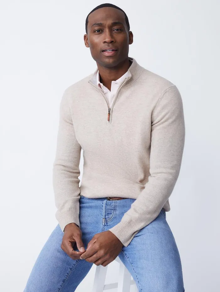 JMcLaughlin Sweaters Men Henry Cashmere 14 Zip Heather Oatmeal JMcLaughlin Sweaters Men Henry Cashmere 14 Zip Heather Oatmeal