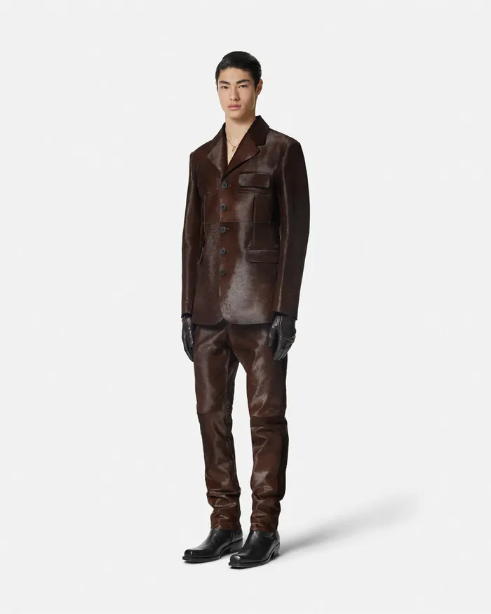 Jackets and Coats Men Versace PonyEffect Leather Jacket Brown