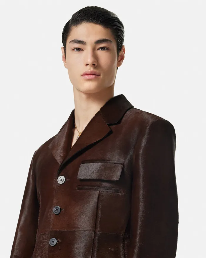Jackets and Coats Men Versace PonyEffect Leather Jacket Brown