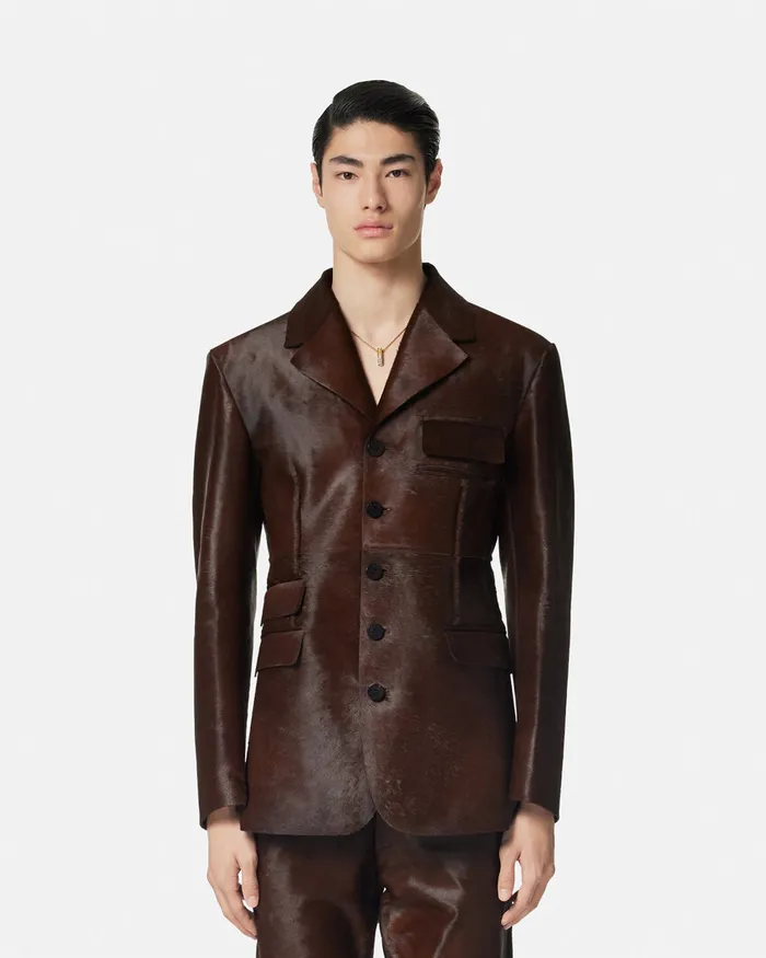 Jackets and Coats Men Versace PonyEffect Leather Jacket Brown
