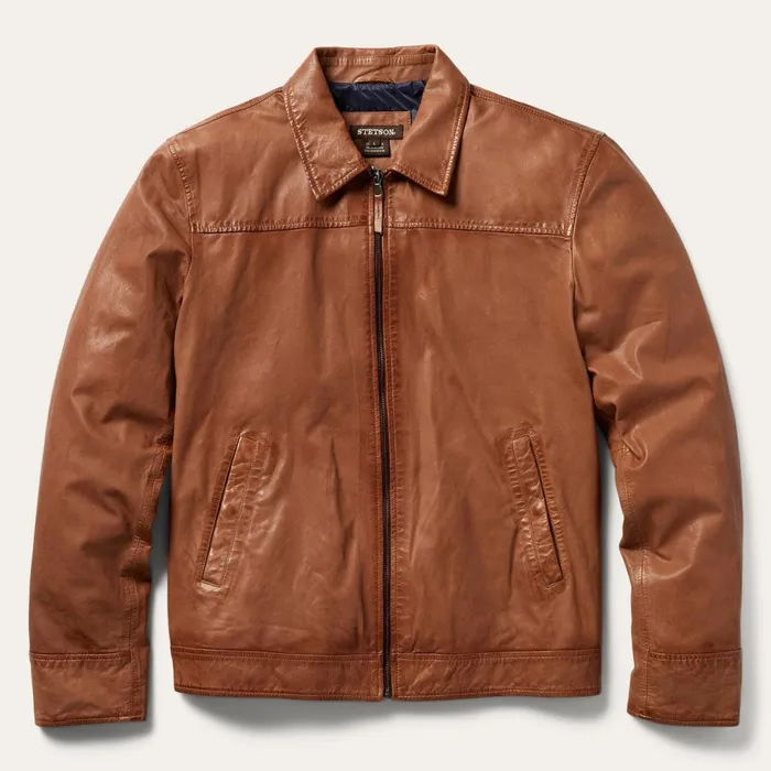 Jackets Men Stetson ZipFront Lightweight Leather Jacket Brown