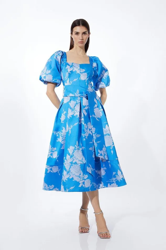 Jacquard Puff Sleeve Belted Woven Dress Blue Women Karen Millen Dresses