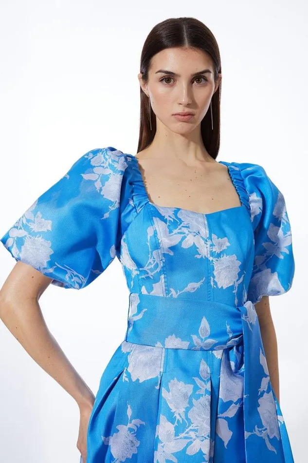 Jacquard Puff Sleeve Belted Woven Dress Blue Women Karen Millen Dresses
