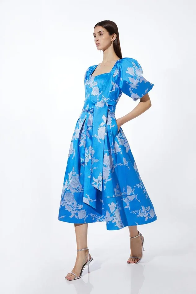 Jacquard Puff Sleeve Belted Woven Dress Blue Women Karen Millen Dresses