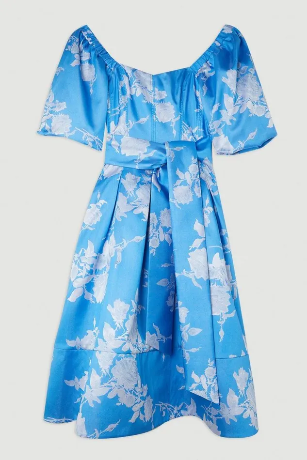 Jacquard Puff Sleeve Belted Woven Dress Blue Women Karen Millen Dresses